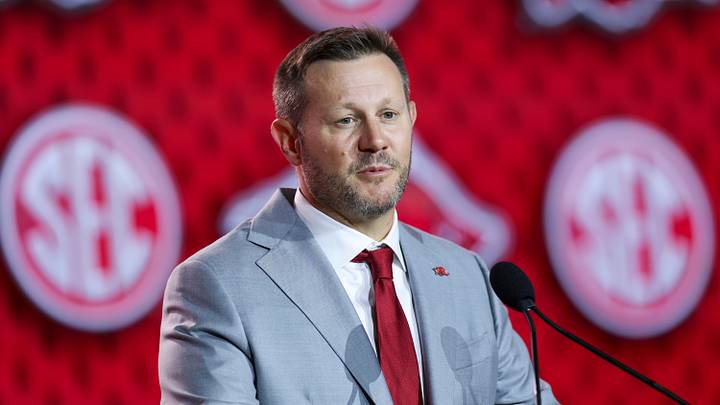 Arkansas Razorbacks head coach Ryan Silverfield speaks to the press during SEC Football Kickoff Media Day at the Tampa Marriott. Arkansas Razorbacks head coach Ryan Silverfield speaks to the press during SEC Football Kickoff Media Day at the Tampa Marriott.