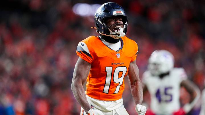 Jan 17, 2026; Denver, CO, USA; Denver Broncos wide receiver Marvin Mims Jr. (19) reacts after a play during overtime of an AFC Divisional Round playoff game against the Buffalo Bills at Empower Field at Mile High. Jan 17, 2026; Denver, CO, USA; Denver Broncos wide receiver Marvin Mims Jr. (19) reacts after a play during overtime of an AFC Divisional Round playoff game against the Buffalo Bills at Empower Field at Mile High.