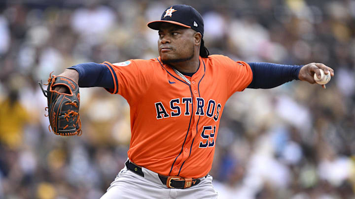 Sep 18, 2024; San Diego, California, USA; Houston Astros starting pitcher Framber Valdez (59) pitches against the San Diego Padres during the first inning at Petco Park