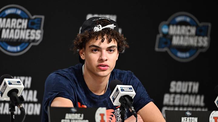 Mar 28, 2026; Houston, TX, USA; Illinois Fighting Illini guard Keaton Wagler (23) speaks in a press conference after defeating the Iowa Hawkeyes in an Elite Eight game of the South Regional of the men's 2026 NCAA Tournament at Toyota Center. Mandatory Credit: Maria Lysaker-Imagn Images Mar 28, 2026; Houston, TX, USA; Illinois Fighting Illini guard Keaton Wagler (23) speaks in a press conference after defeating the Iowa Hawkeyes in an Elite Eight game of the South Regional of the men's 2026 NCAA Tournament at Toyota Center. Mandatory Credit: Maria Lysaker-Imagn Images