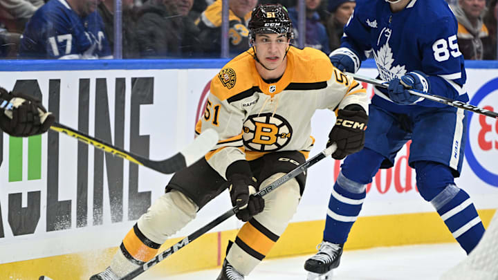 Dec 2, 2023; Toronto, Ontario, CAN; Boston Bruins forward Mathew Poitras (51) pursues the play