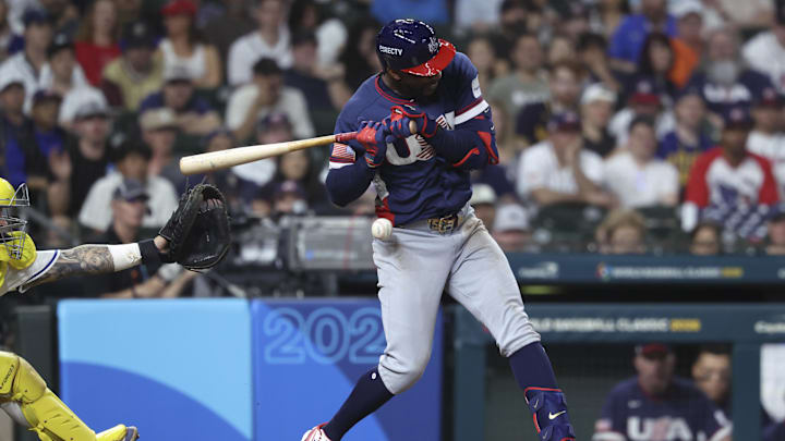 Mar 6, 2026; Houston, TX, United States; United States center fielder Byron Buxton (25) is hit by a pitch during the fifth inning against Brazil at Daikin Park. Mandatory Credit: Troy Taormina-Imagn Images