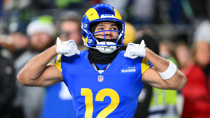 Dec 18, 2025; Seattle, Washington, USA; Los Angeles Rams wide receiver Puka Nacua (12) warms up before the game against the Seattle Seahawks at Lumen Field. Mandatory Credit: Steven Bisig-Imagn Images