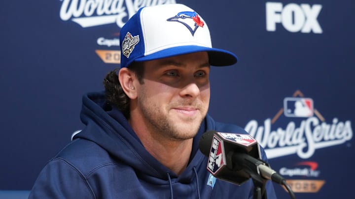 Oct 27, 2025; Los Angeles, California, USA; Toronto Blue Jays third baseman Ernie Clement (22) speaks in a press conference before game three of the 2025 MLB World Series against the Los Angeles Dodgers at Dodger Stadium. Mandatory Credit: Kirby Lee-Imagn Images Oct 27, 2025; Los Angeles, California, USA; Toronto Blue Jays third baseman Ernie Clement (22) speaks in a press conference before game three of the 2025 MLB World Series against the Los Angeles Dodgers at Dodger Stadium. Mandatory Credit: Kirby Lee-Imagn Images