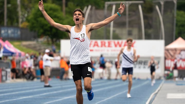 Western Dubuque's Quentin Nauman reacts as he crosses the finish line in the 3A 1600 meter final during the 2025 Iowa high school state track and field meet at Drake Stadium on May 24, 2025, in Des Moines. Western Dubuque's Quentin Nauman reacts as he crosses the finish line in the 3A 1600 meter final during the 2025 Iowa high school state track and field meet at Drake Stadium on May 24, 2025, in Des Moines.