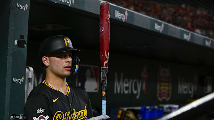 Sep 16, 2024; St. Louis, Missouri, USA;  Pittsburgh Pirates second baseman Nick Yorke (38) looks on from the dugout during the third inning of his Major League debut against the St. Louis Cardinals at Busch Stadium. Mandatory Credit: Jeff Curry-Imagn Images