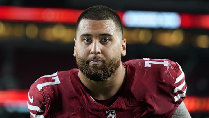 Sep 9, 2024; Santa Clara, California, USA; San Francisco 49ers guard Dominick Puni (77) after defeating the New York Jets at Levi's Stadium. Mandatory Credit: Darren Yamashita-Imagn Images