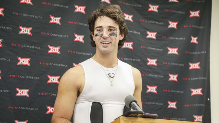 Oct 25, 2025; Morgantown, West Virginia, USA; Texas Christian University Horned Frogs quarterback Josh Hoover (10) speaks to the media after defeating the West Virginia Mountaineers at Milan Puskar Stadium. Mandatory Credit: Ben Queen-Imagn Images