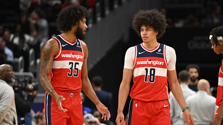 Oct 26, 2025; Washington, District of Columbia, USA; Washington Wizards forward Marvin Bagley III (35) and forward Kyshawn George (18) talk after a turnover against the Charlotte Hornets during the third quarter at Capital One Arena. Mandatory Credit: Rafael Suanes-Imagn Images Oct 26, 2025; Washington, District of Columbia, USA; Washington Wizards forward Marvin Bagley III (35) and forward Kyshawn George (18) talk after a turnover against the Charlotte Hornets during the third quarter at Capital One Arena. Mandatory Credit: Rafael Suanes-Imagn Images