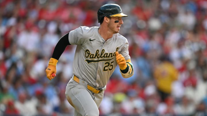 Jul 13, 2024; Philadelphia, Pennsylvania, USA; Oakland Athletics outfielder Brent Rooker (25) rounds the bases after hitting a home run against the Philadelphia Phillies in the seventh inning at Citizens Bank Park.