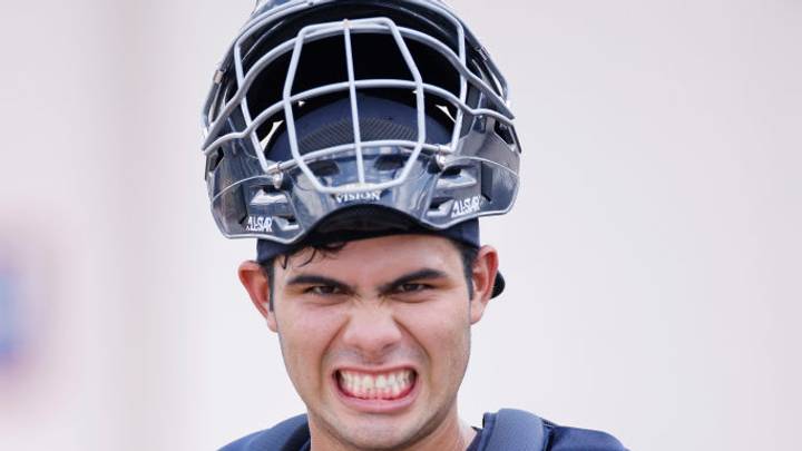 LAKELAND, FL - JULY 09: Antonio Gomez (55) of the Yankees looks on during the Florida Complex League (FCL) game between the FCL New York Yankees and FCL Detroit Tigers on July 9, 2021 at the Tigers Minor League Complex in Lakeland, FL. LAKELAND, FL - JULY 09: Antonio Gomez (55) of the Yankees looks on during the Florida Complex League (FCL) game between the FCL New York Yankees and FCL Detroit Tigers on July 9, 2021 at the Tigers Minor League Complex in Lakeland, FL.