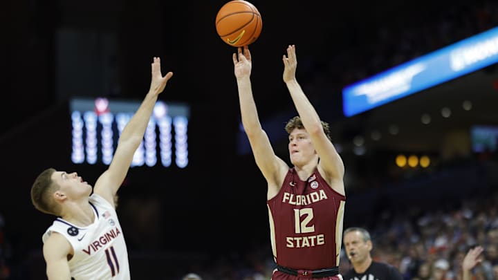 Dec 3, 2022; Charlottesville, Virginia, USA; Florida State Seminoles guard Tom House (12) shoots 