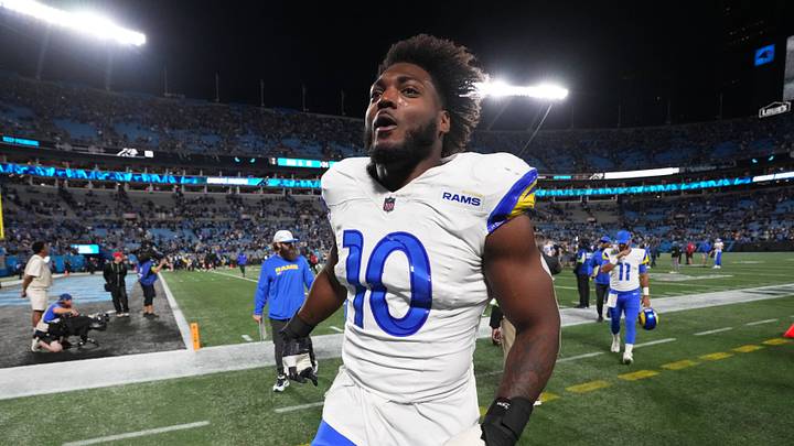 Jan 10, 2026; Charlotte, NC, USA; Los Angeles Rams outside linbacker Josaiah Stewart (10) runa off the field after the NFC Wild Card Round game at Bank of America Stadium. Mandatory Credit: Bob Donnan-Imagn Images Jan 10, 2026; Charlotte, NC, USA; Los Angeles Rams outside linbacker Josaiah Stewart (10) runa off the field after the NFC Wild Card Round game at Bank of America Stadium. Mandatory Credit: Bob Donnan-Imagn Images