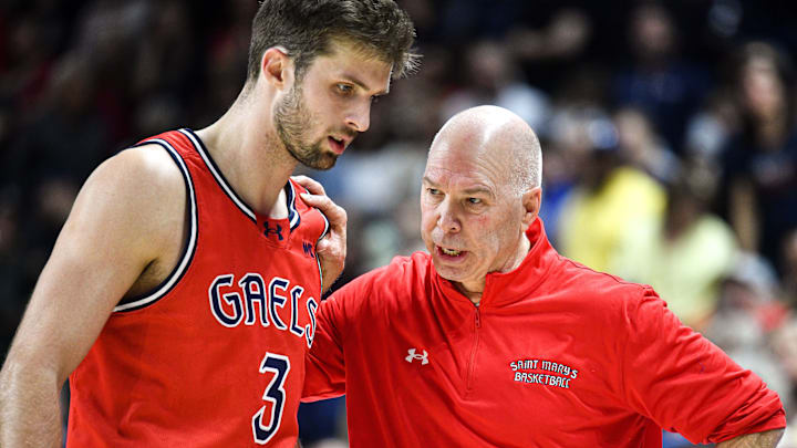 Saint Mary's senior Augustas Marciulionis (left) and head coach Randy Bennett (right).