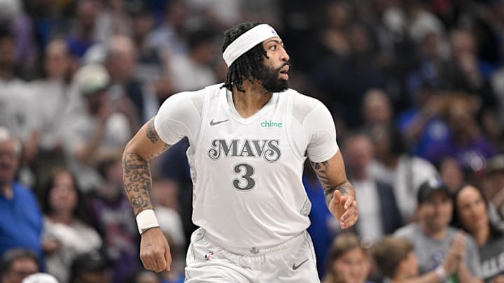 Apr 11, 2025; Dallas, Texas, USA; Dallas Mavericks forward Anthony Davis (3) runs back up the court during the first quarter against the Toronto Raptors at the American Airlines Center. Mandatory Credit: Jerome Miron-Imagn Images
