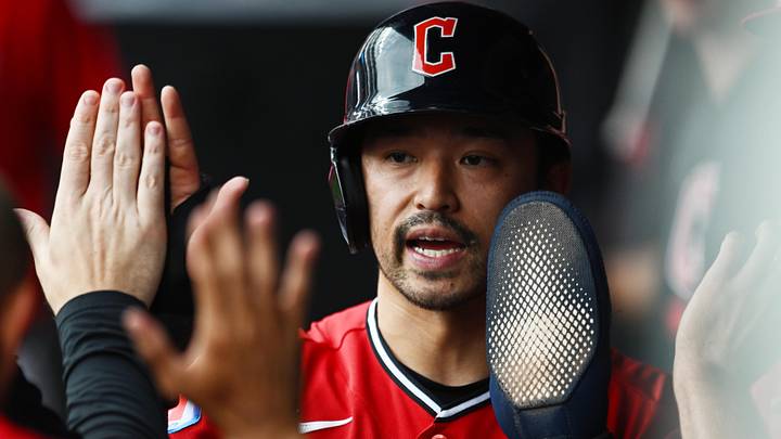 Jun 8, 2026: Cleveland Guardians left fielder Steven Kwan (38) celebrates after scoring during the third inning against the New York Yankees at Progressive Field. Jun 8, 2026: Cleveland Guardians left fielder Steven Kwan (38) celebrates after scoring during the third inning against the New York Yankees at Progressive Field.