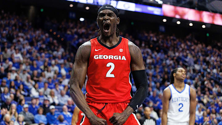 Feb 17, 2026; Lexington, Kentucky, USA; Georgia Bulldogs center Somto Cyril (2) celebrates after dunking the ball during the first half against the Kentucky Wildcats at Rupp Arena at Central Bank Center. Mandatory Credit: Jordan Prather-Imagn Images Feb 17, 2026; Lexington, Kentucky, USA; Georgia Bulldogs center Somto Cyril (2) celebrates after dunking the ball during the first half against the Kentucky Wildcats at Rupp Arena at Central Bank Center. Mandatory Credit: Jordan Prather-Imagn Images