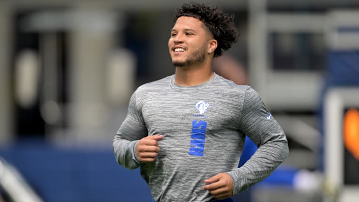 Sep 22, 2024; Inglewood, California, USA;  Los Angeles Rams running back Blake Corum (22) warms up prior to the game against the San Francisco 49ers at SoFi Stadium. Mandatory Credit: Jayne Kamin-Oncea-Imagn Images