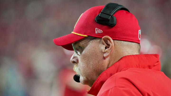 Sep 5, 2024; Kansas City, Missouri, USA; Kansas City Chiefs head coach Andy Reid watches play against the Baltimore Ravens during the game at GEHA Field at Arrowhead Stadium. Mandatory Credit: Denny Medley-Imagn Images