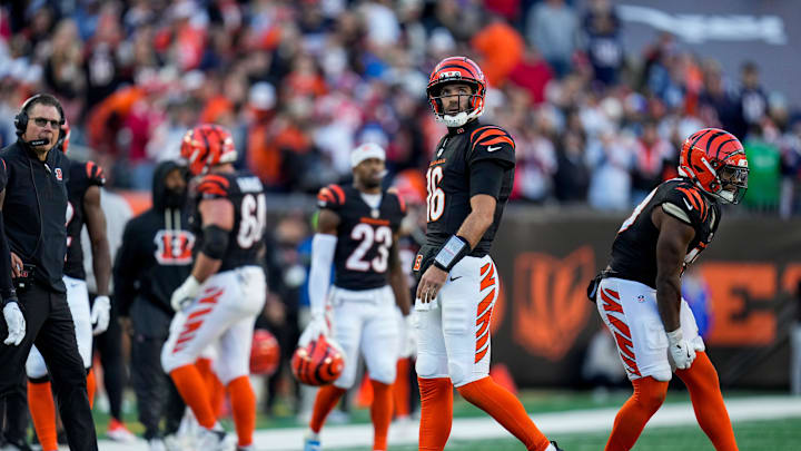 Cincinnati Bengals quarterback Joe Flacco (16) walks off the field as the Bengals turn the ball over on down in the final drive of the fourth quarter of the NFL Week 12 game between the Cincinnati Bengals and the New England Patriots at Paycor Stadium in downtown Cincinnati on Sunday, Nov. 23, 2025. The Bengals fall to 3-8 with a 26-20 loss at home.