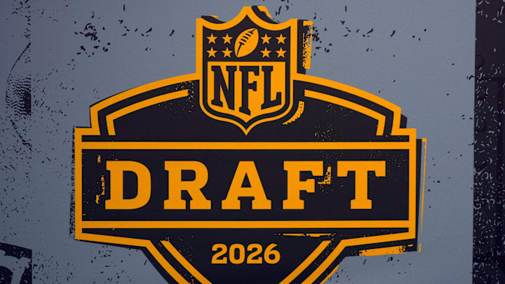Feb 6, 2026; San Francisco, CA, USA; The 2026 NFL Draft logo at the Super Bowl LX Experience at the Moscone Center. Mandatory Credit: Kirby Lee-Imagn Images