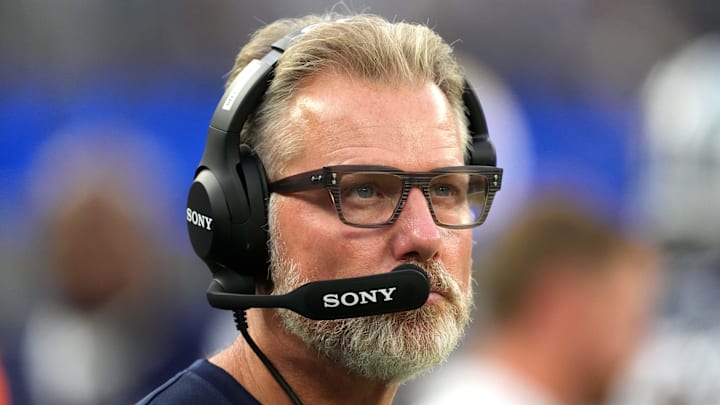 Aug 9, 2025; Inglewood, California, USA; Dallas Cowboys defensive coordinator Matt Eberflus watches from the sidelines against the Los Angeles Rams in the second half at SoFi Stadium. Mandatory Credit: Kirby Lee-Imagn Images