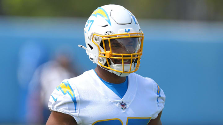 Jun 13, 2024; Costa Mesa, CA, USA; Los Angeles Chargers running back J.K. Dobbins (27) during minicamp at the Hoag Performance Center. Mandatory Credit: Kirby Lee-USA TODAY Sports