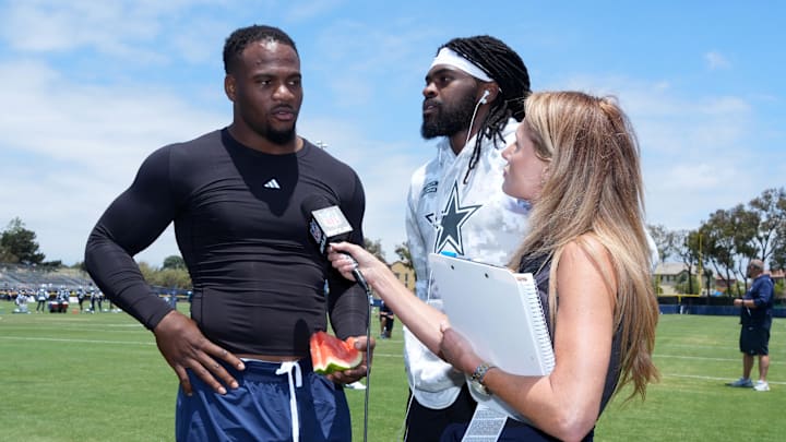 NFL Network reporter Jane Slater interviews Dallas Cowboys stars Micah Parsons and Trevon Diggs during training camp