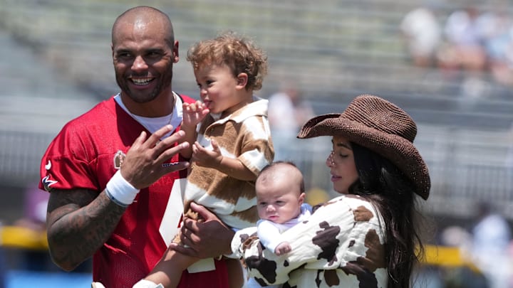 Dallas Cowboys quarterback Dak Prescott visits with fiancée Sarah Jane Ramos and daughters during training camp in Oxnard