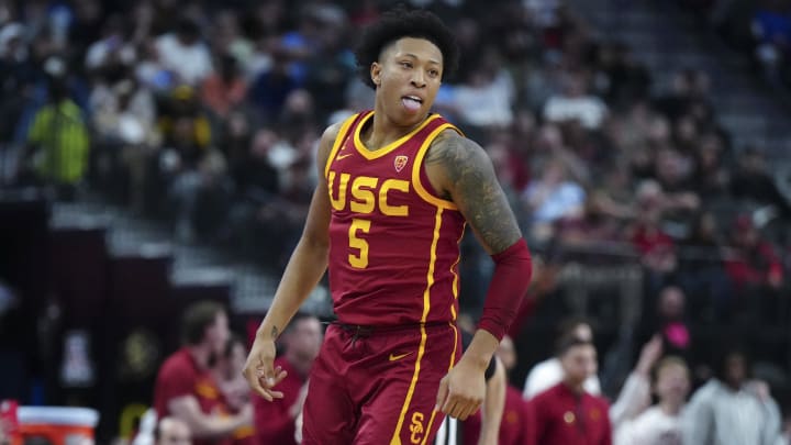 Mar 13, 2024; Las Vegas, NV, USA; Southern California Trojans guard Boogie Ellis (5) reacts after a three-point basket against the Washington Huskies at T-Mobile Arena. Mandatory Credit: Kirby Lee-USA TODAY Sports Mar 13, 2024; Las Vegas, NV, USA; Southern California Trojans guard Boogie Ellis (5) reacts after a three-point basket against the Washington Huskies at T-Mobile Arena. Mandatory Credit: Kirby Lee-USA TODAY Sports