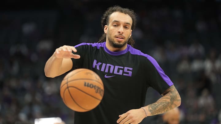 Apr 11, 2025; Sacramento, California, USA; Sacramento Kings guard Devin Carter (22) warms up before the game against the Los Angeles Clippers at Golden 1 Center. Mandatory Credit: Darren Yamashita-Imagn Images