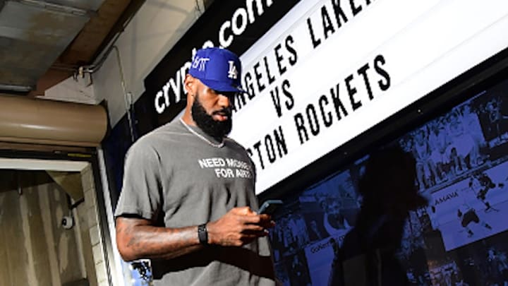 LeBron James arrives at the Lakers’ home game against the Houston Rockets fully clothed. 
