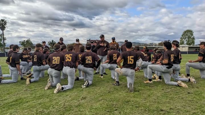 Crespi baseball huddles up before a game at home in Encino.