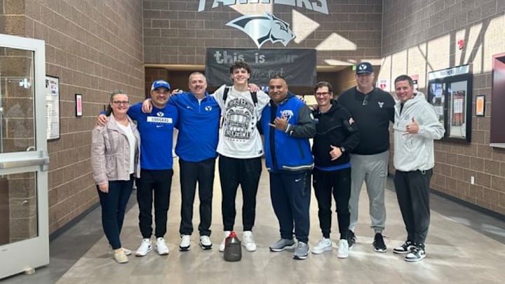BYU commit Brock Harris with the BYU coaching staff BYU commit Brock Harris with the BYU coaching staff