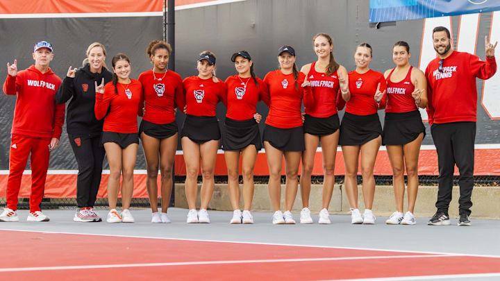 The NC State women's tennis team poses for a photo after defeating UCF 4-0 to advance to the Round of 16 in the 2026 NCAA Tournament on Saturday, May 2, 2026 in Raleigh, N.C.
