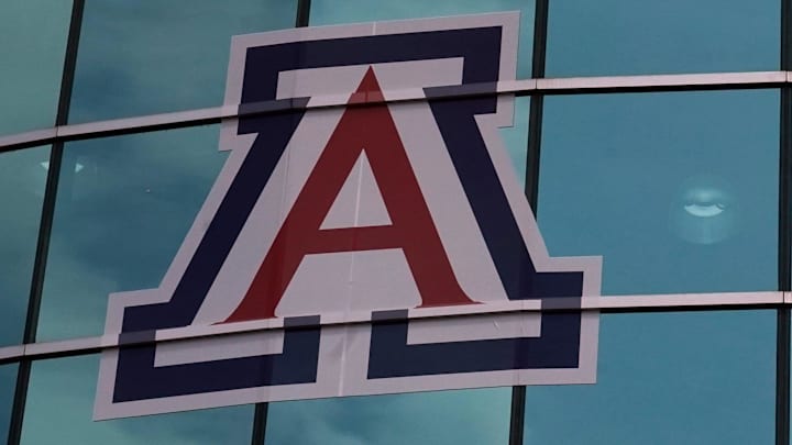 Apr 2, 2021; San Antonio, Texas, USA; A general view of the Arizona Wildcats and Connecticut logos at the Alamodome prior to the national semifinals of the women's Final Four of the 2021 NCAA Tournament. Mandatory Credit: Kirby Lee-Imagn Images