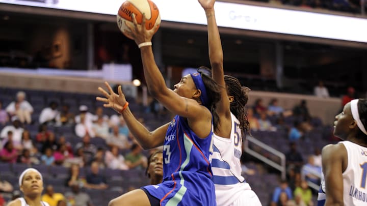June 12, 2010; Washington, DC, USA; New York Liberty guard Cappie Pondexter drives to the basket during the first half against the Washington Mystics at the Verizon Center.  Mandatory Credit: Rafael Suanes-Imagn Images