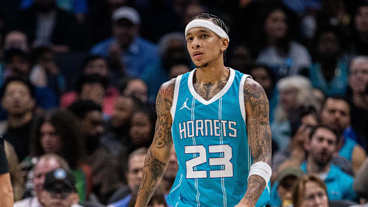 Nov 8, 2024; Charlotte, North Carolina, USA; Charlotte Hornets guard Tre Mann (23) during the second quarter against the Indiana Pacers at Spectrum Center. Mandatory Credit: Scott Kinser-Imagn Images