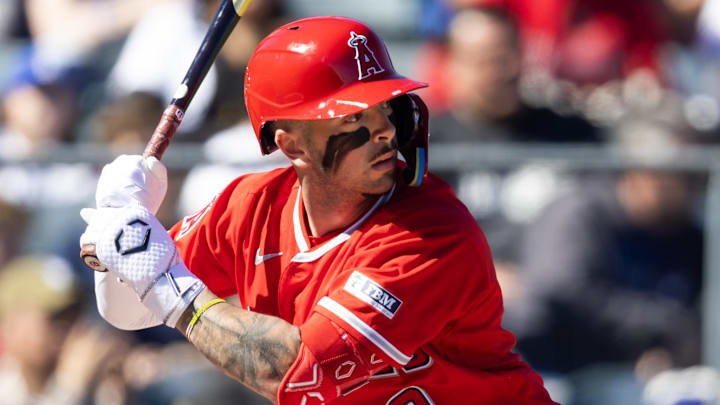 Feb 21, 2026; Tempe, Arizona, USA; Los Angeles Angels shortstop Zach Neto against the Los Angeles Dodgers during a spring training game at Tempe Diablo Stadium. Mandatory Credit: Mark J. Rebilas-Imagn Images