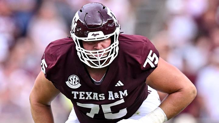 Sep 5, 2026; College Station, Texas, USA; Texas A&M Aggies offensive lineman Wilkin Formby (75) lines up during the first quarter against the Missouri State Bears at Kyle Field. Mandatory Credit: Maria Lysaker-Imagn Images