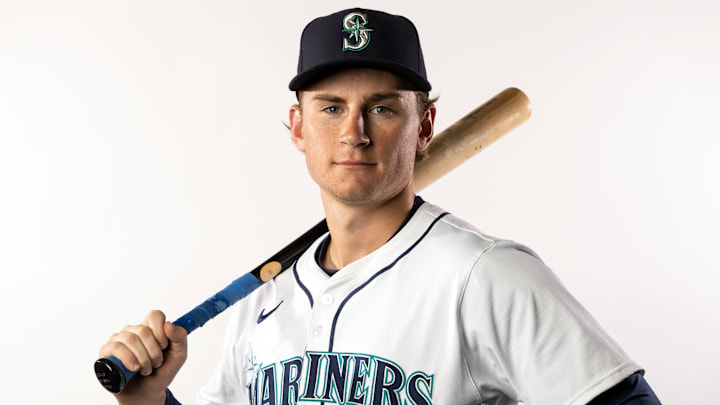 Feb 20, 2025; Peoria, AZ, USA; Seattle Mariners infielder Colt Emerson poses for a portrait during media day at Peoria Sports Complex. Mandatory Credit: Mark J. Rebilas-Imagn Images