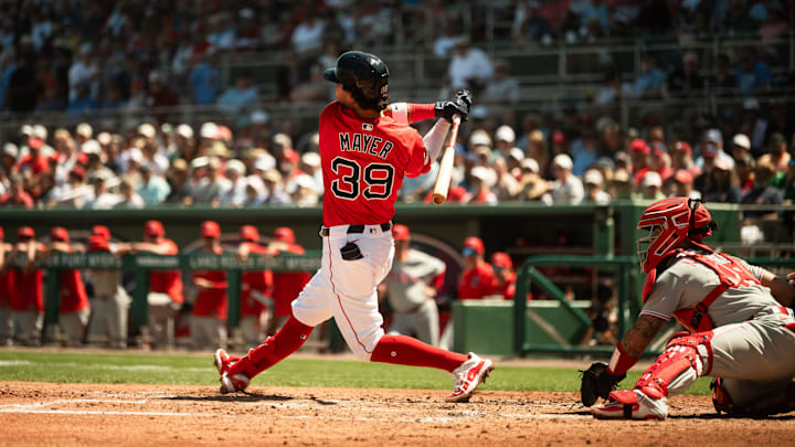 Marcelo Mayer takes a swing during a Red Sox Spring Training game on March 11, 2025, at JetBlue Park in Fort Myers, Florida.
