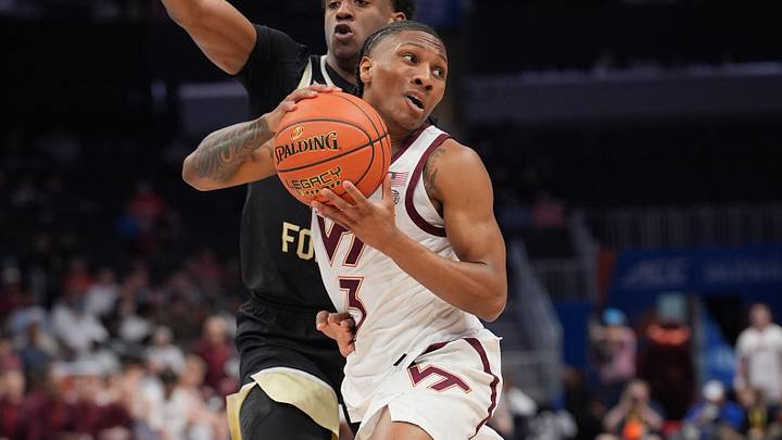 Mar 10, 2026; Charlotte, N.C.; Virginia Tech guard Ben Hammond (3) moves the ball guarded by Wake Forest guard Myles Colvin (6) during the first half. Mar 10, 2026; Charlotte, N.C.; Virginia Tech guard Ben Hammond (3) moves the ball guarded by Wake Forest guard Myles Colvin (6) during the first half.