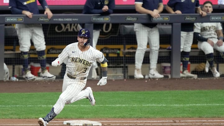 Milwaukee Brewers shortstop Joey Ortiz (3) rounds first base after hitting a double during the third inning of their game against the Cincinnati Reds Saturday, September 27, 2025 at American Family Field in Milwaukee, Wisconsin. Milwaukee Brewers shortstop Joey Ortiz (3) rounds first base after hitting a double during the third inning of their game against the Cincinnati Reds Saturday, September 27, 2025 at American Family Field in Milwaukee, Wisconsin.