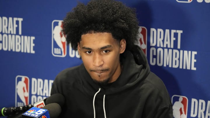 Dylan Harper talks to the media during the 2025 NBA Draft Combine at Marriott Marquis Chicago. Dylan Harper talks to the media during the 2025 NBA Draft Combine at Marriott Marquis Chicago.