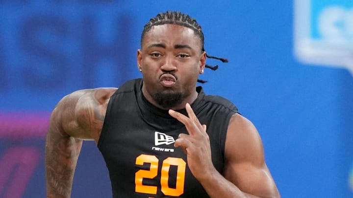 Arkansas running back Mike Washington Jr. (RB20) during the NFL Scouting Combine at Lucas Oil Stadium. 