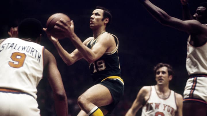 March 9, 1971; New York, NY, USA; FILE PHOTO; Seattle Supersonics guard Lenny Wilkens (19) in action against the New York Knicks at Madison Square Garden. Mandatory Credit: Manny Rubio-Imagn Images