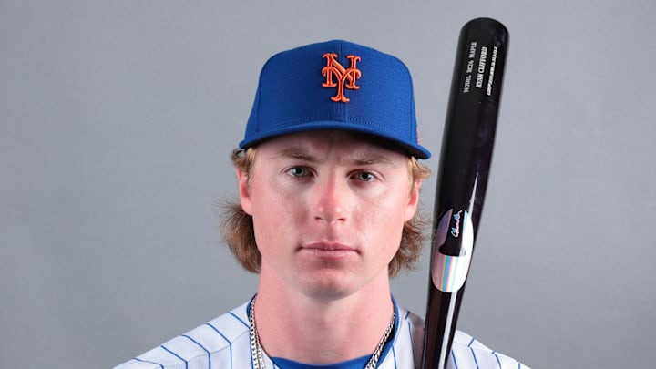 Feb 19, 2026; Port St. Lucie, FL, USA; New York Mets infielder Ryan Clifford (87) poses for a photo during media day at Clover Park. Mandatory Credit: Sam Navarro-Imagn Images