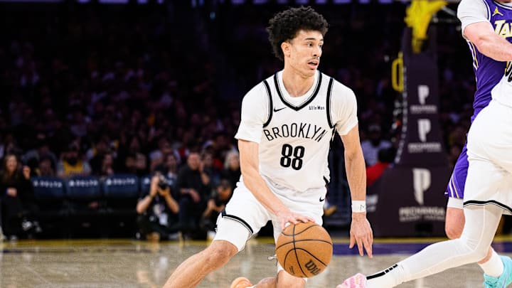 Mar 27, 2026; Los Angeles, California, USA; Brooklyn Nets guard Nolan Traore (88) drives during the first half against the Los Angeles Lakers at Crypto.com Arena. Mandatory Credit: William Liang-Imagn Images Mar 27, 2026; Los Angeles, California, USA; Brooklyn Nets guard Nolan Traore (88) drives during the first half against the Los Angeles Lakers at Crypto.com Arena. Mandatory Credit: William Liang-Imagn Images