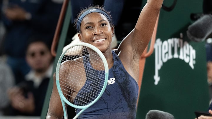 Jun 5, 2025; Paris, FR;  Coco Gauff of the United States celebrates winning her match against Lois Boisson of France on day 12 at Roland Garros Stadium. Mandatory Credit: Susan Mullane-Imagn Images